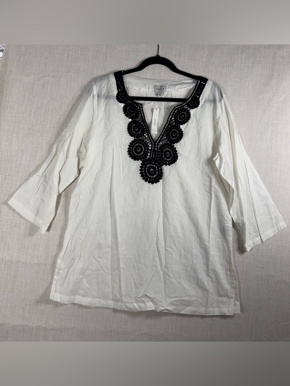 White Tunic with Black Crochet V-Neck Detail